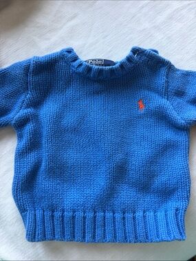 Ralph Lauren Blue Knit Baby Sweater with Orange Pony